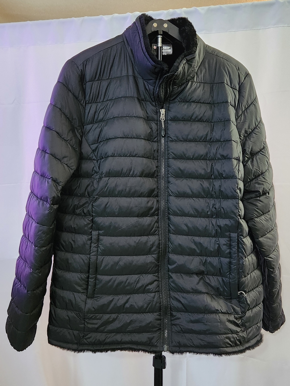 Heat Keep Women's Faux Fur Lined Black Quilted Puffer Coat with Full Zip